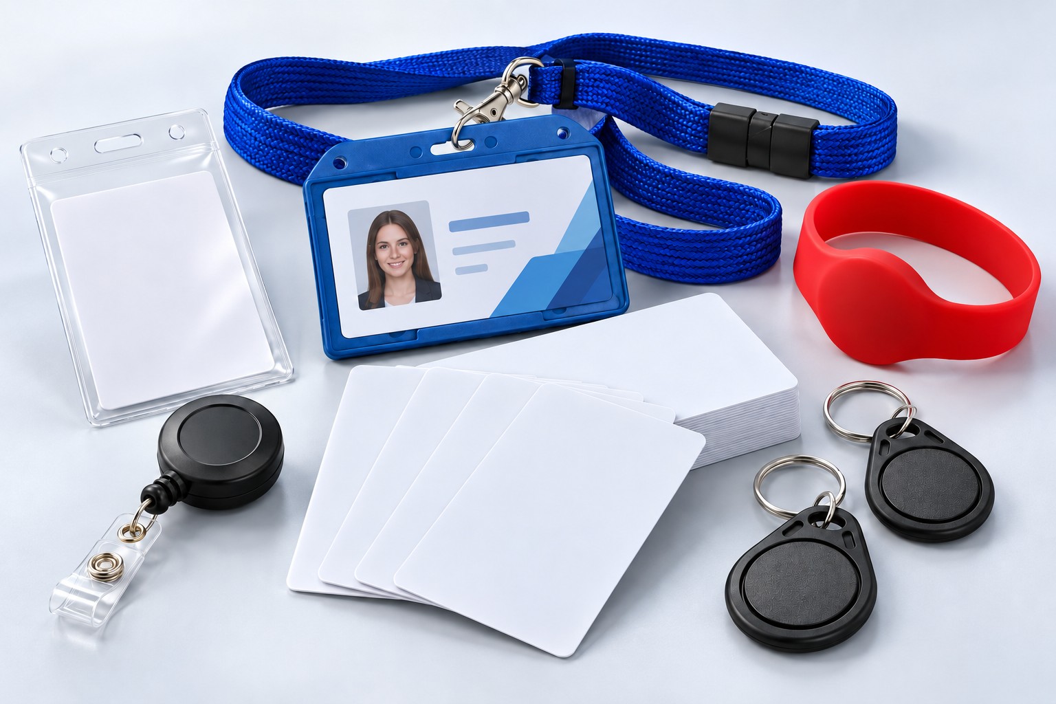 Darbinieka ID kartes ar lenti, tukšas plastikāta kartes, RFID atslēgas piekariņi un NFC aproce